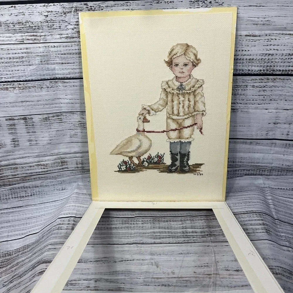 Vintage Finished Cross Stitch English Victorian Boy w/ Duck 1989 16x12